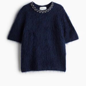 H&M Navy Blue Fuzzy Top with crystals Embellishments